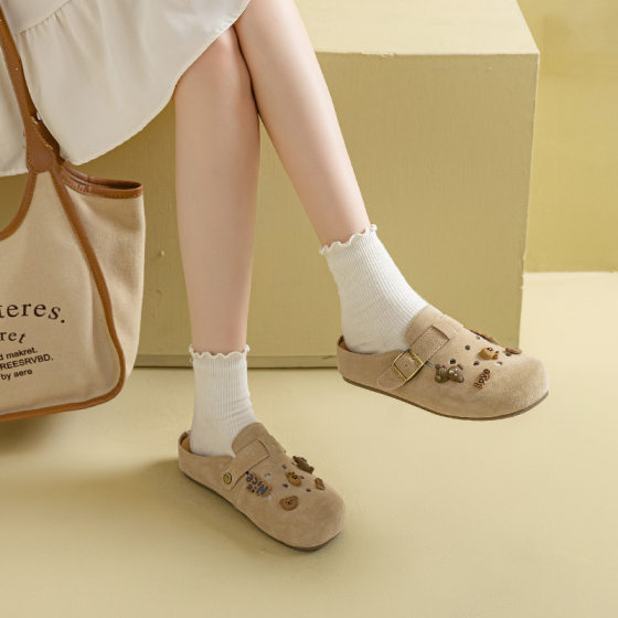 Full Genuine Leather Birkenstock Women's Slippers, Breathable Beach Sandals, Invisible Heightening Toe-Cap Half Slippers, Outer Wear Slip-On Slippers