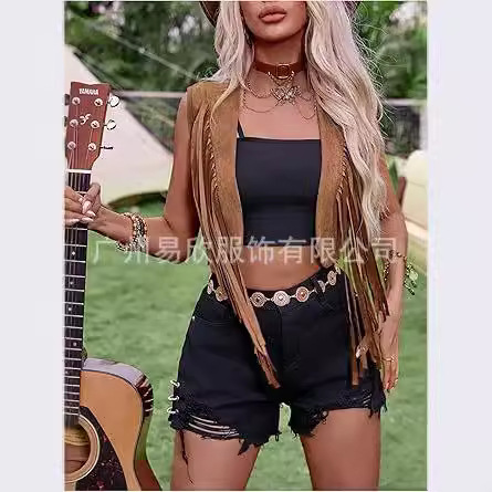 Chaleco con flecos, ropa de mezclilla para mujer, borlas de gamuza, ropa hippie de los años 70, chaleco, chaqueta occidental