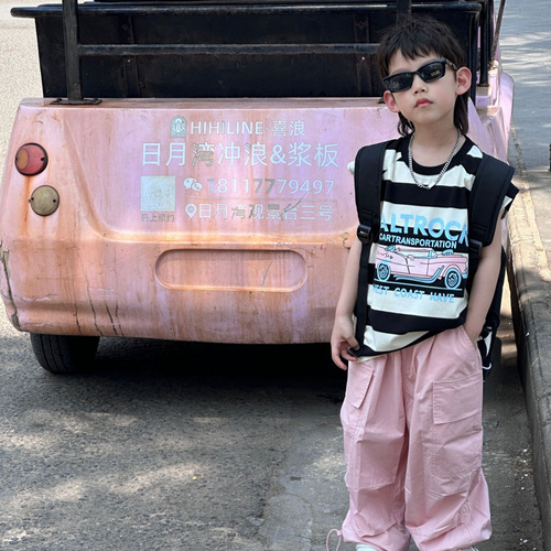 Tairu 2024 new summer Korean style boys' alphabet color striped sleeveless T-shirt children's versatile tops trendy