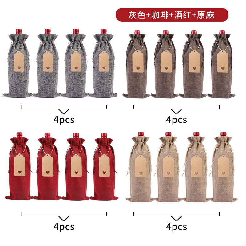 Suministro directo de fábrica bolsa de botella de vino de lino traje ciego degustación de vino botella cubierta de lino etiqueta bolsa de embalaje de vino tinto en stock al por mayor