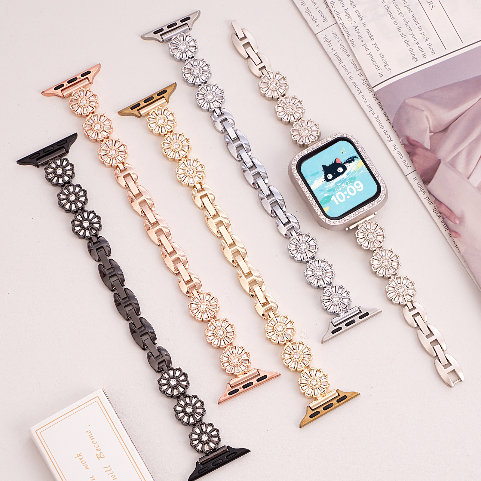 Suitable for Apple Watch S11 Watch Strap, Metal Daisy Strap with Diamonds, Women's Chain-Style iWatch Strap