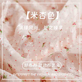 米杏色玫瑰点点蕾丝提花欧根纱碎花蕾丝雪纺布料汉服手工旗袍面料