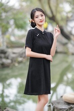 新款复古小众国风日常提花黑色旗袍改良小个子短款新中式盘扣连衣