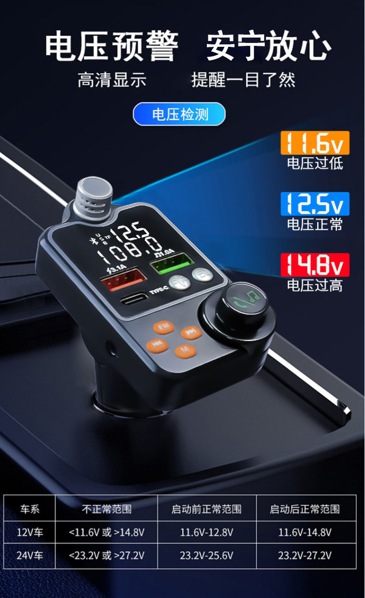 Cross-border Q15 car phone charger Bluetooth player MP3 digital display EQ headlamp car cigarette lighter car charger