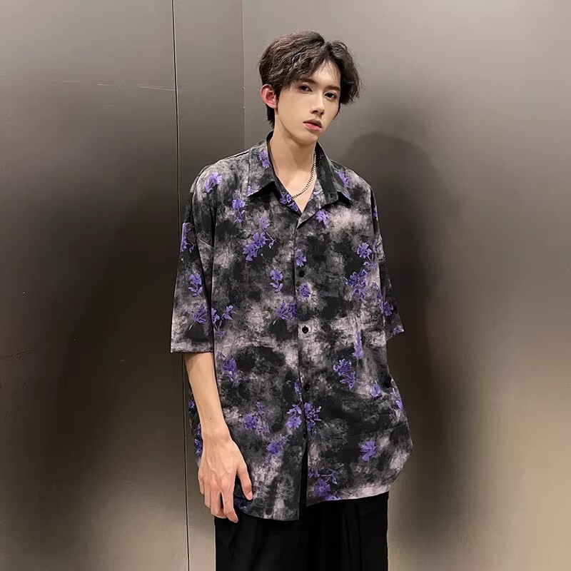 Abstinence Style Violet Shirt Short-sleeved High-end Hair Stylist Trendy Brand Men's Floral Shirt Ice Silk Baroque Jacket Abstinence Style Violet Shirt Short-sleeved High-end Hair Stylist Trendy Brand Men's Floral Shirt Ice Silk Baroque Jacket