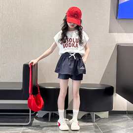 女童夏季字母短袖T恤套装中大童女孩洋气薄款半袖上衣短裤两件套