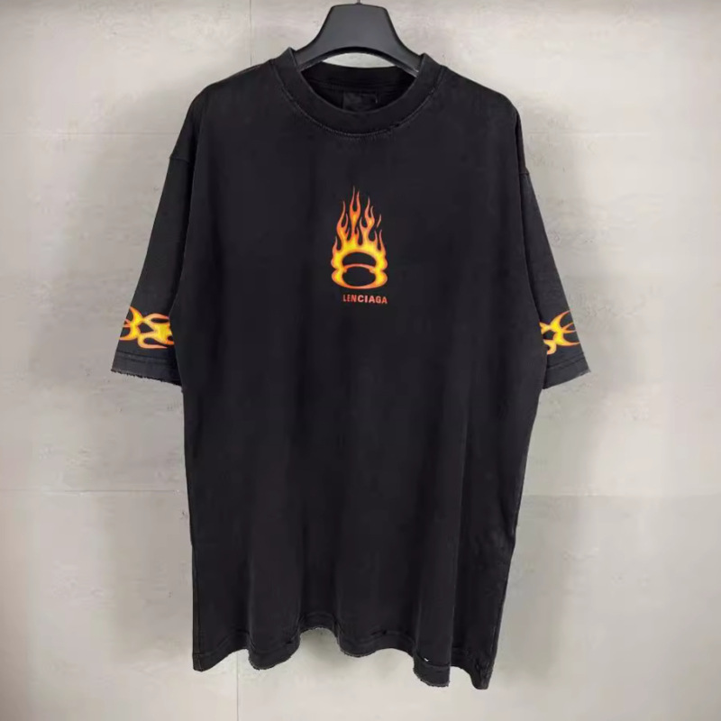 High-End Ss26 Paris New B Brand Classic Logo Double-Ring Flame Direct-Print Washed Vintage Short-Sleeve T-Shirt