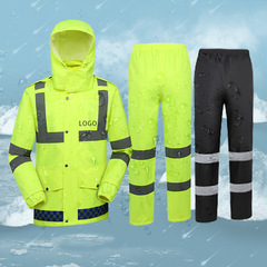 Rescue Reflective Raincoat and Pants Set | Traffic Safety Uniform | Security Guard's Fluorescent Green, Two-Piece Patrol & Duty Rainwear