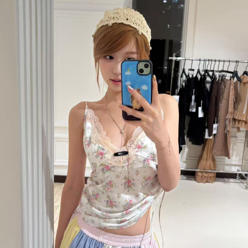 In Stock Now! 26Ss Summer New Arrivals: Floral Logo Satin Lace Floral Print Drawstring Camisole