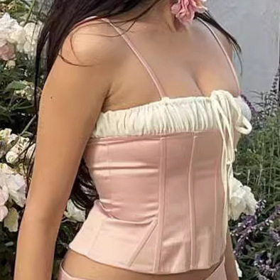 Pure Spice Girls Sexy Contrast Color Pleated Lace Small Camisole Women's Summer New Slim-fit Outer Wear Short Top