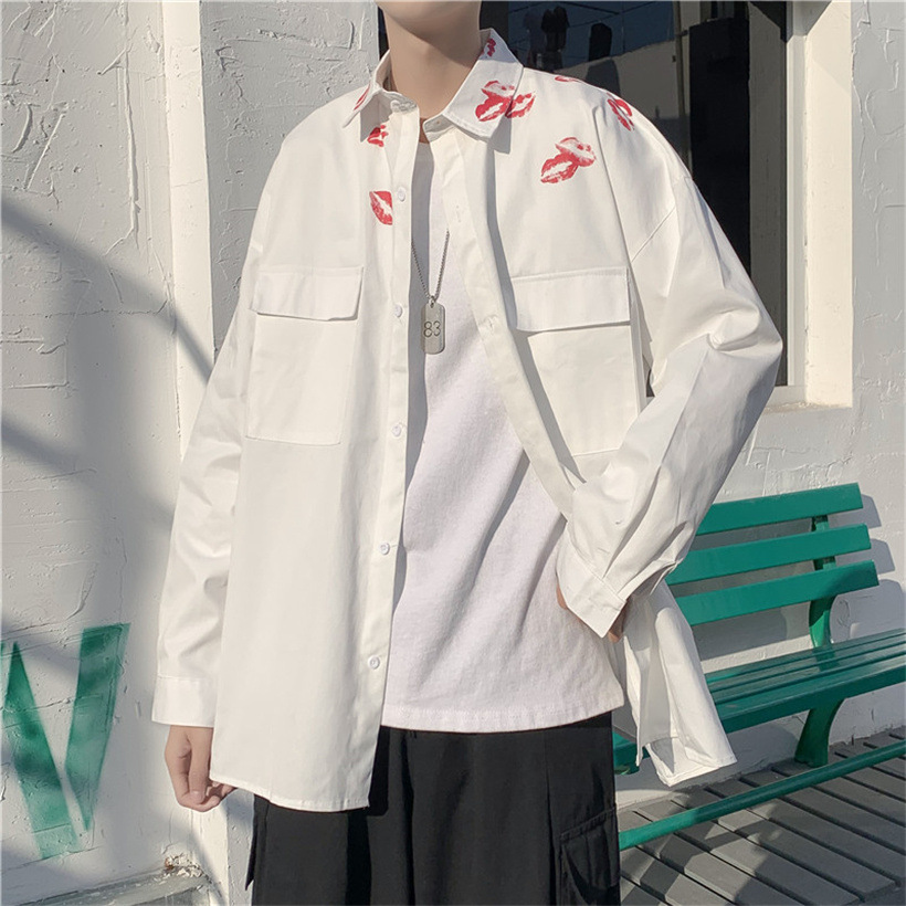 Lápiz labial impreso cityboy camisa blanca diseño de los hombres sentido nicho pareja abrigo marca de moda ins camisa chic interior