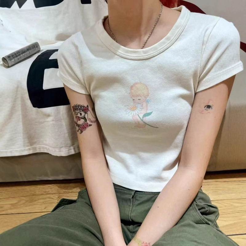 BM Style New Daisy Elf Angel Printed T-shirt bm Short-sleeved Pure Desire Wind-exposed Slim-fit All-match Short Top for Women