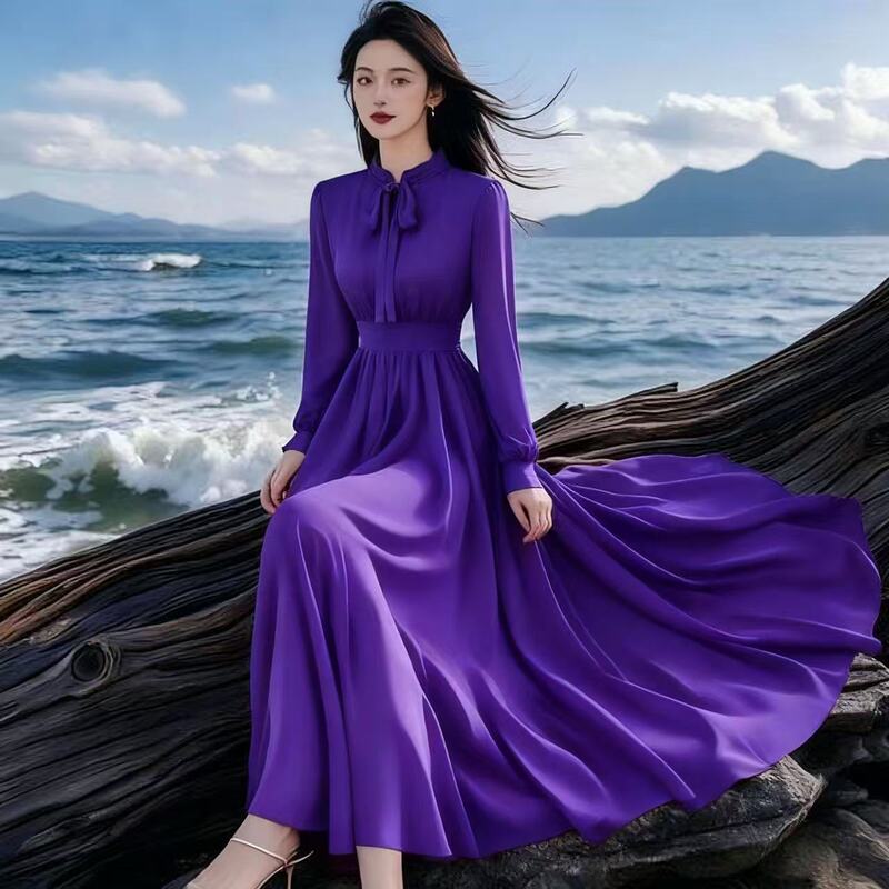 Long Chiffon Dress with Large Hem for Women 2025 New Autum French Style Travel Vacation Photo Taking Elegant Super Fairy Long Skirt