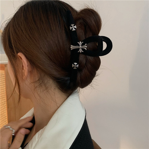 Black velvet cross hairpin series ~ oversized grabber small fragrant bow dark trendy cool hair accessories for women