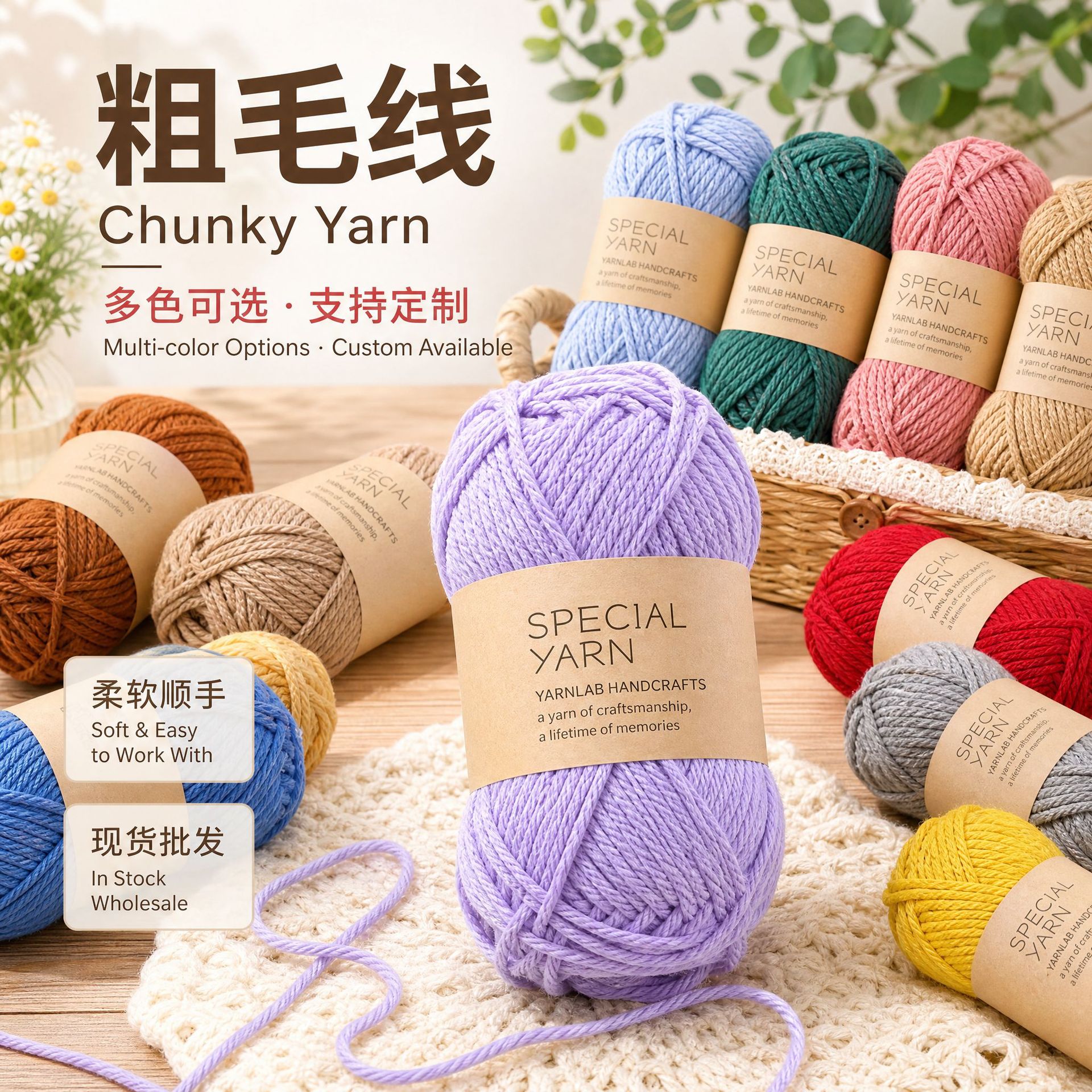粗毛线日式粗麻2mm棉线Diy手工编织硬挺包材料纱线羊毛线毛线团
