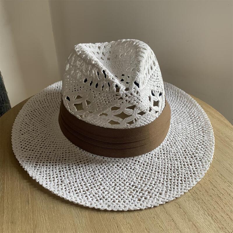 Summer White Top Hat Hollow Panama Straw Hat Travel Sunshade Big Edge Sunscreen Hat Women's Jazz Hat Free Shipping Summer White Top Hat Hollow Panama Straw Hat Travel Sunshade Big Edge Sunscreen Hat Women's Jazz Hat Free Shipping