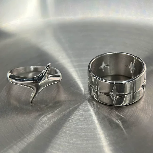 Shining Stars Light New High Sense Cold Wind Couple's Ring Titanium Steel silver Wide Stacked Ring