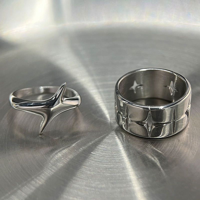 Shining Stars Light New High Sense Cold Wind Couple's Ring Titanium Steel silver Wide Stacked Ring
