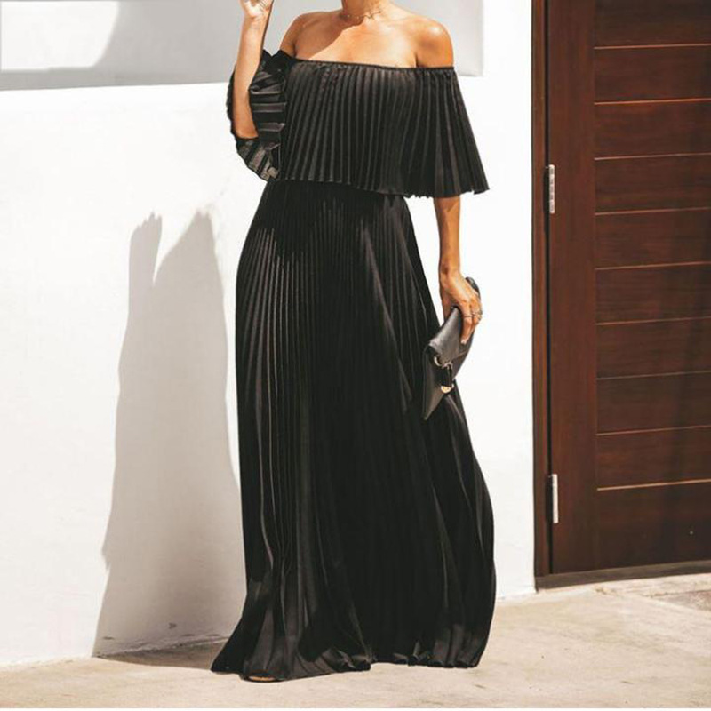 2023 summer new women's chiffon solid color long dress sexy off-the-shoulder wrap chest pressure folding temperament party dress