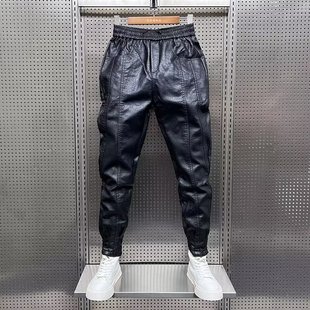 Autumn and Winter fleece-lined Warm Take-out Rider Motorcycle Windproof Leather Pants Men's Simple Small Foot Thickened Casual Long Pants