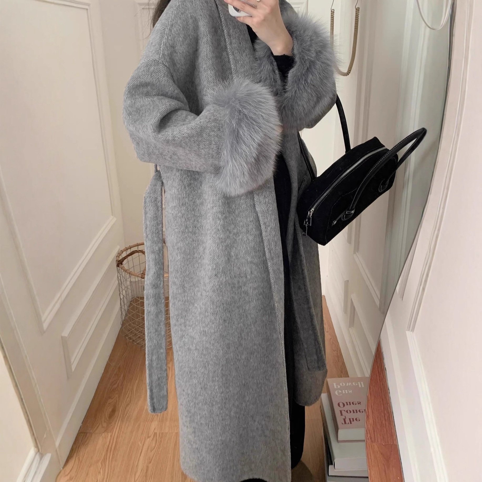 여성용 양면 캐시미어 트위드 코트 2024 겨울 긴 다크 그레이 여성용 인조 폭스 울 코트