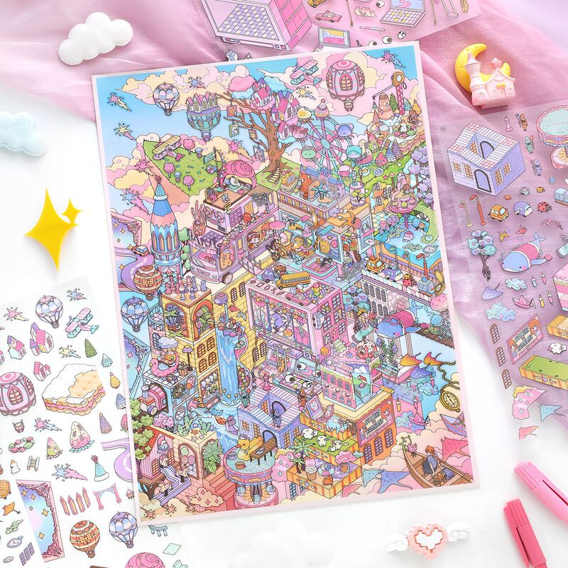 Papermore2.5D Miniature Landscape Stickers, Large Corner Set of Three, Children's DIY Scene Collage Toy
