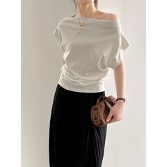 超感触モーダルコットン～ワンショルダーランジカラー半袖Tシャツレディース夏デザインスリムオフショルダースラントショルダートップトレンディ