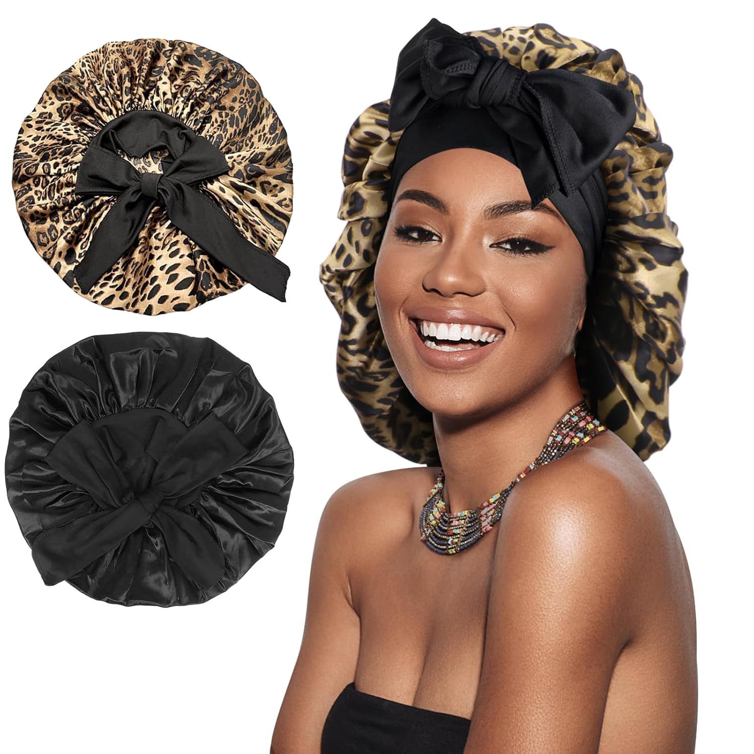 Women's Single Layer Elastic Tie Satin Nightcap Hair Care Satin Silk…