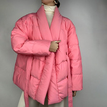 现货新款保暖棉服外套女现货年新款冬小众设计感v领收腰绑带面包