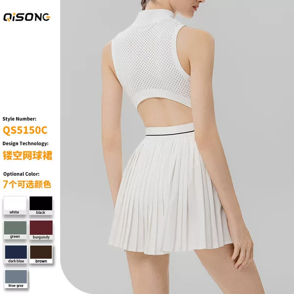 Cross-Border Popular Anti-Exposure Sports Skirt Front Zipper Tennis Skirt Running Fitness Hollow Breathable Pleated Dress for Women