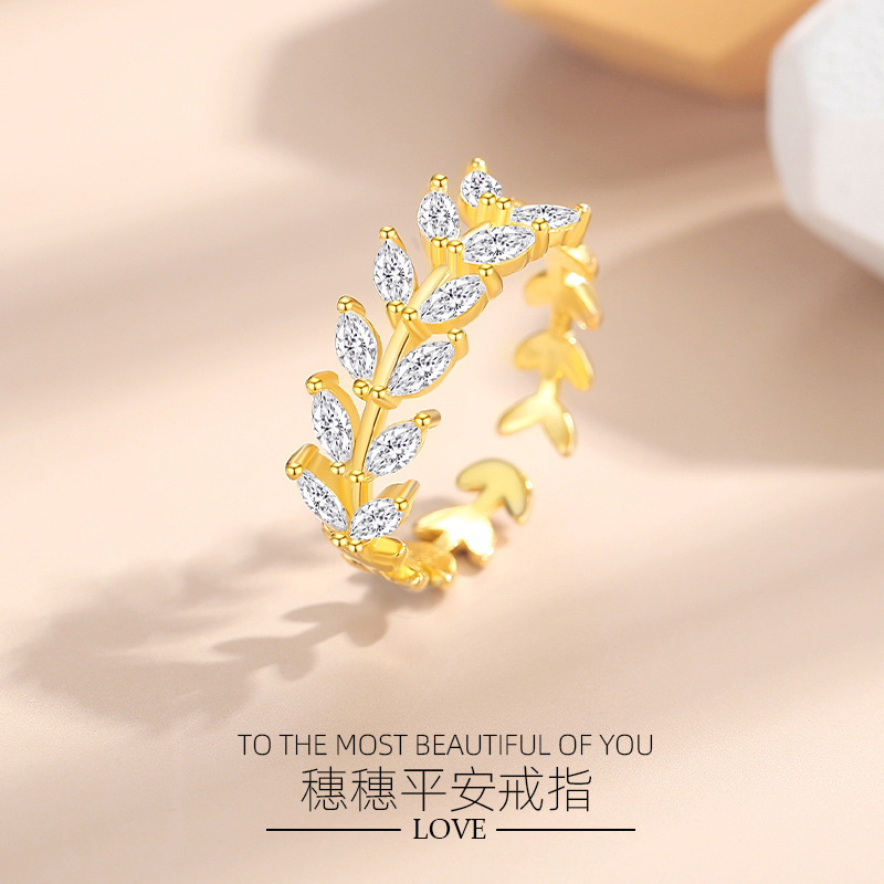 925 anillo de plata esterlina oído seguridad moda trigo oído diamante anillo de las mujeres de alto grado de luz de lujo abierto anillo de plata esterlina