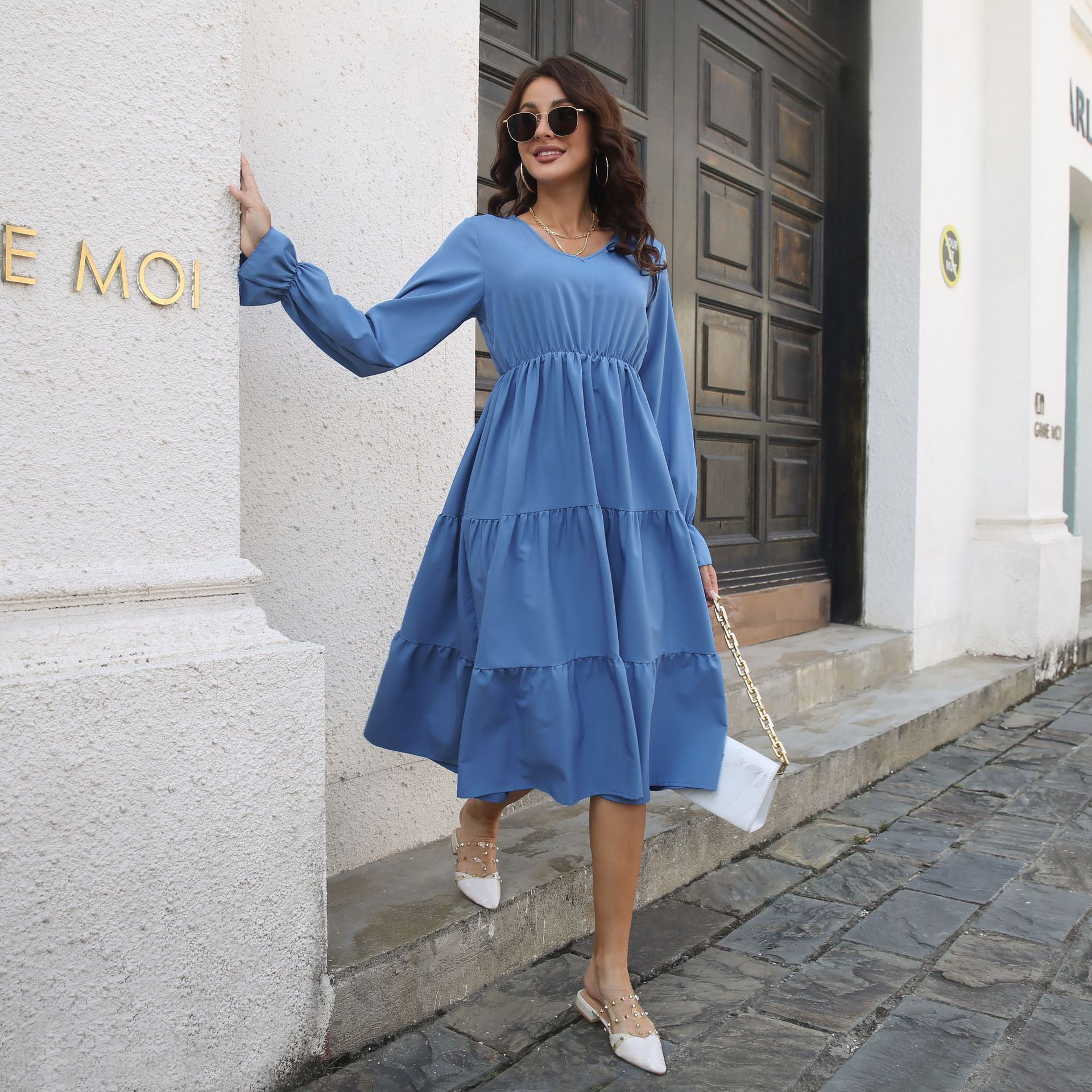 V neck Dress Flared Sleeves Long Sleeves Large Swing Dress Women Chiffon Summer Women Clothing