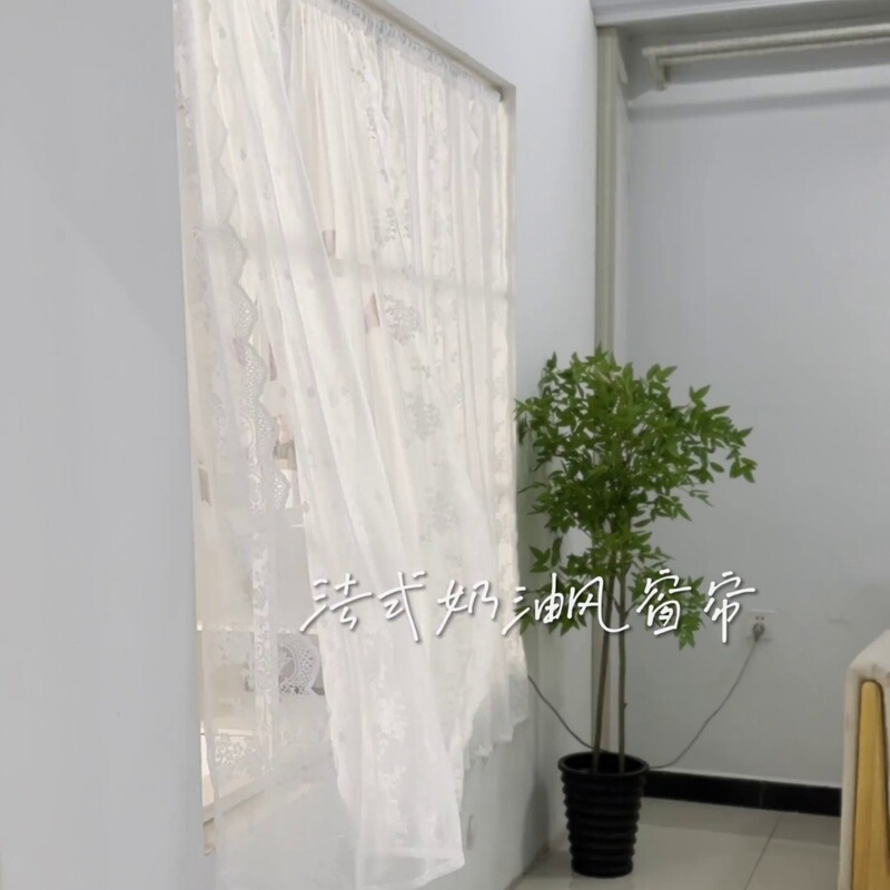 Lace Curtain Punch-free Korean-style Pastoral White Gauze Curtain Living Room Balcony Bay Window Curtain Velcro Transparent Partition Curtain