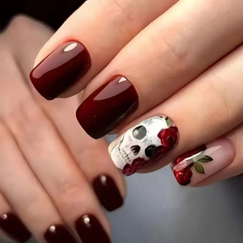 Halloween Nail Art Patch wine red Shiny Fake Nails Halloween Skull Flower Pattern Nail Art Patch