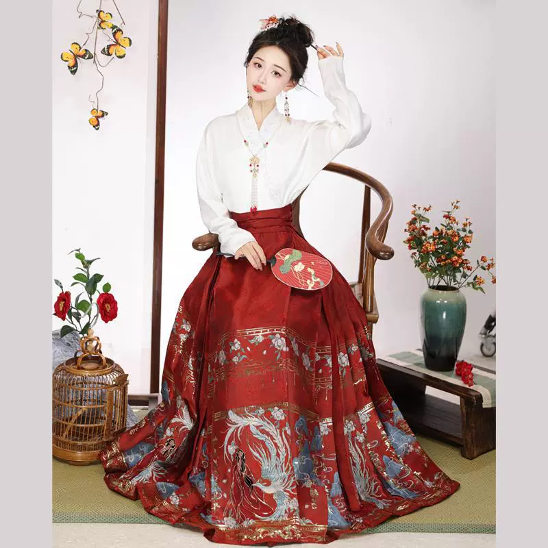 Юбка с лошадью, женский костюм 2023, новая осенне-зимняя ханьфу, китайский стиль, ткачество, золотой цветок для макияжа, Повседневная рабочая одежда, Красный древний костюм