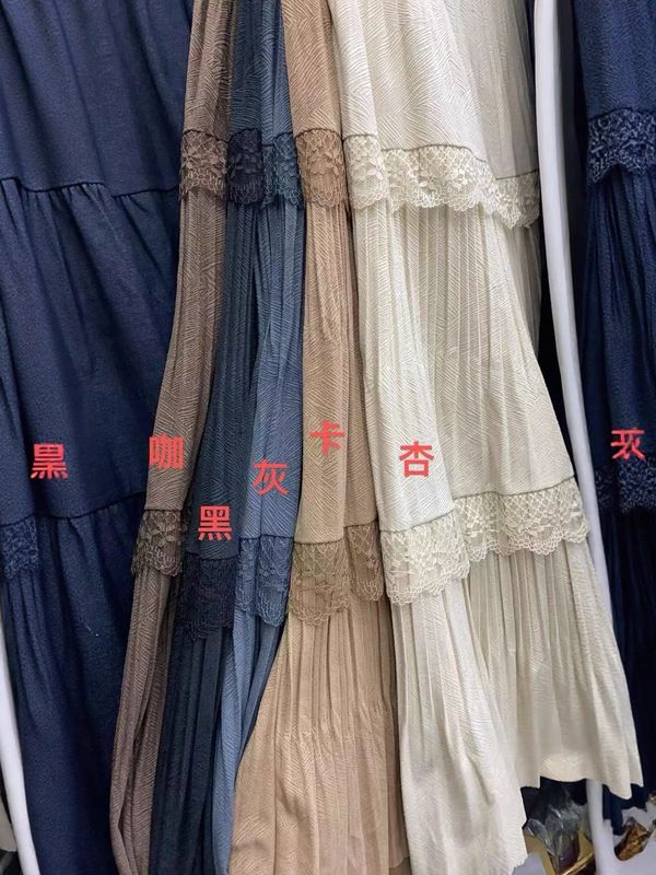 蕾丝边拼接百褶半身裙女2025秋新款中长款显瘦蛋糕裙a字大摆长裙|undefined