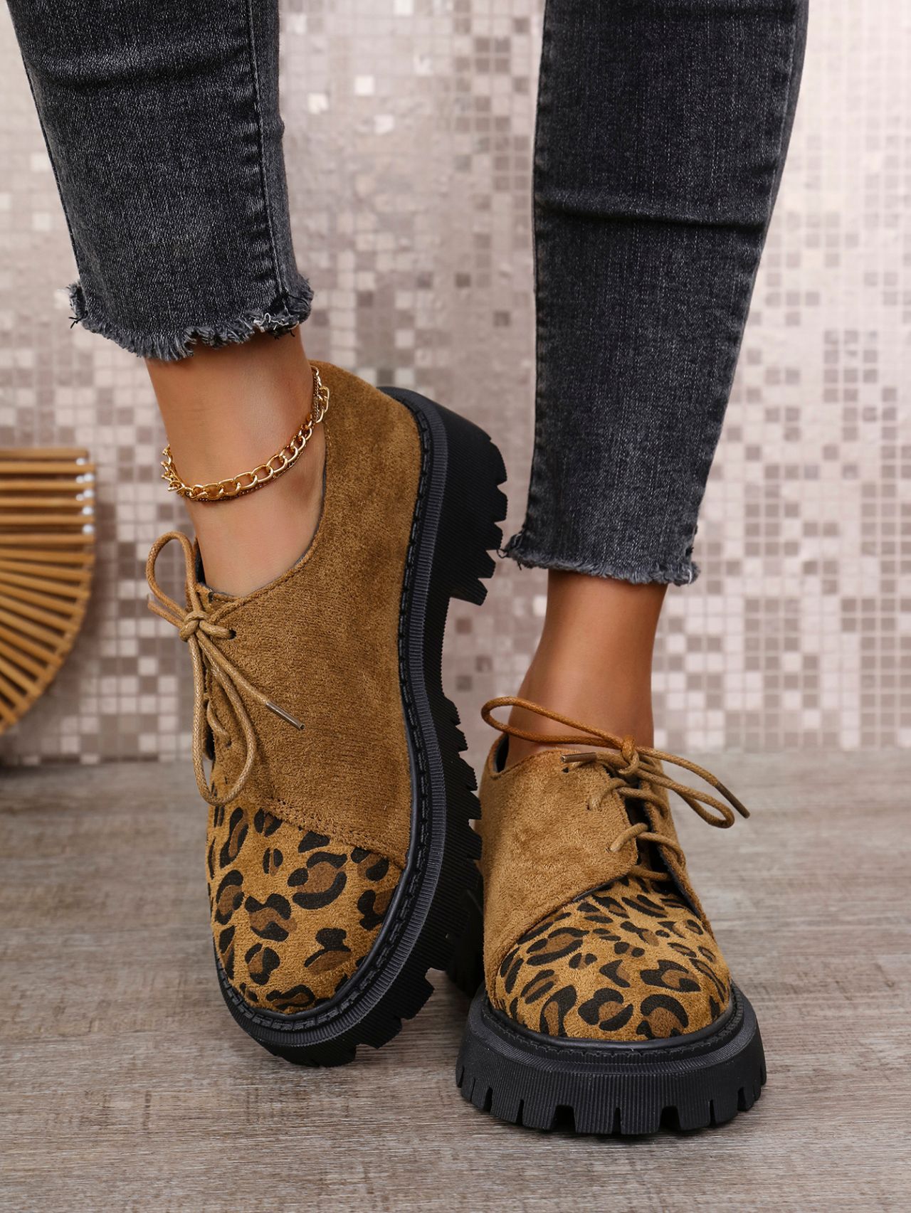 Plus Size Women's Leopard Print Platform Loafers With Chunky Heel_voghion.com