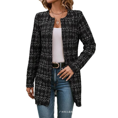 Ladies' Casual Elegant Plaid Crew Neck Cardigan for Spring and Autumn
