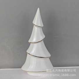 欧美跨境新品描金圣诞树摆件陶瓷工艺品圣诞节装饰品圣诞桌面摆放