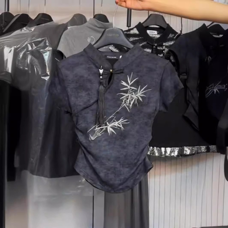 New Chinese Style National Style Embroidered Short-sleeved T-shirt 2024 Summer New plus size chubby girl Design Sense Niche Elegant Top