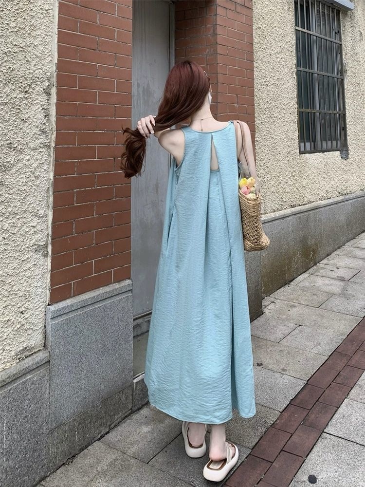 Đầm maxi nữ mùa hè dáng suông tay vest, phong cách nghỉ mát bãi biển — Xanh lá cây nhạtcolor chi tiết 3