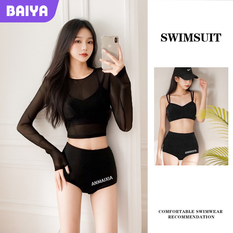 Traje de baño de mujer explosivo, bikini dividido, traje de baño de playa de protección solar de manga larga de tres piezas sexy con cobertura de vientre delgada al por mayor