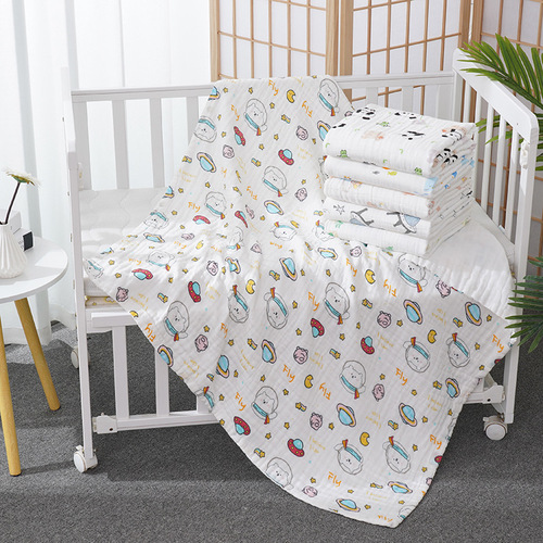 6-layer gauze pure cotton children's quilt blanket crumpled towel blanket bubble gauze bath towel cartoon print blanket 110*110 