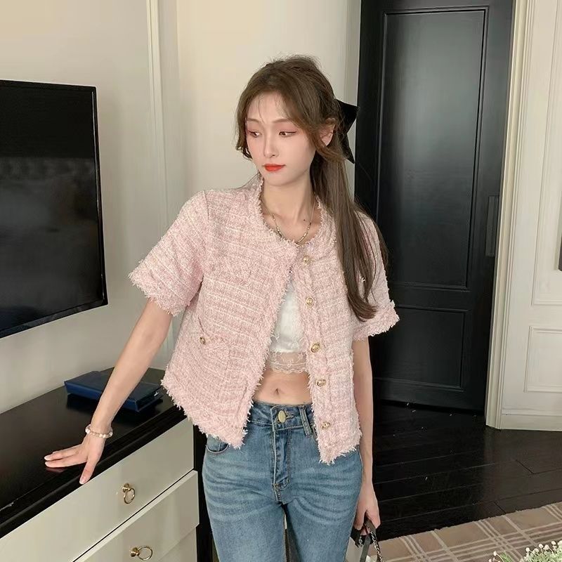 Tweed Style Jacket 2025 Spring and Summer New Niche Tweed Tassel Short Versatile Loose Western Style Short-Sleeved Top