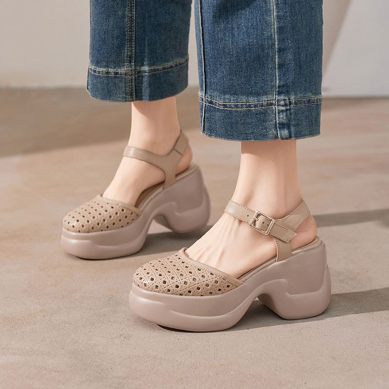 Sandal cao gót nữ mũi kín quai ngang gót 9 cm phong cách La Mã — màu trắng ngà, màu mơ