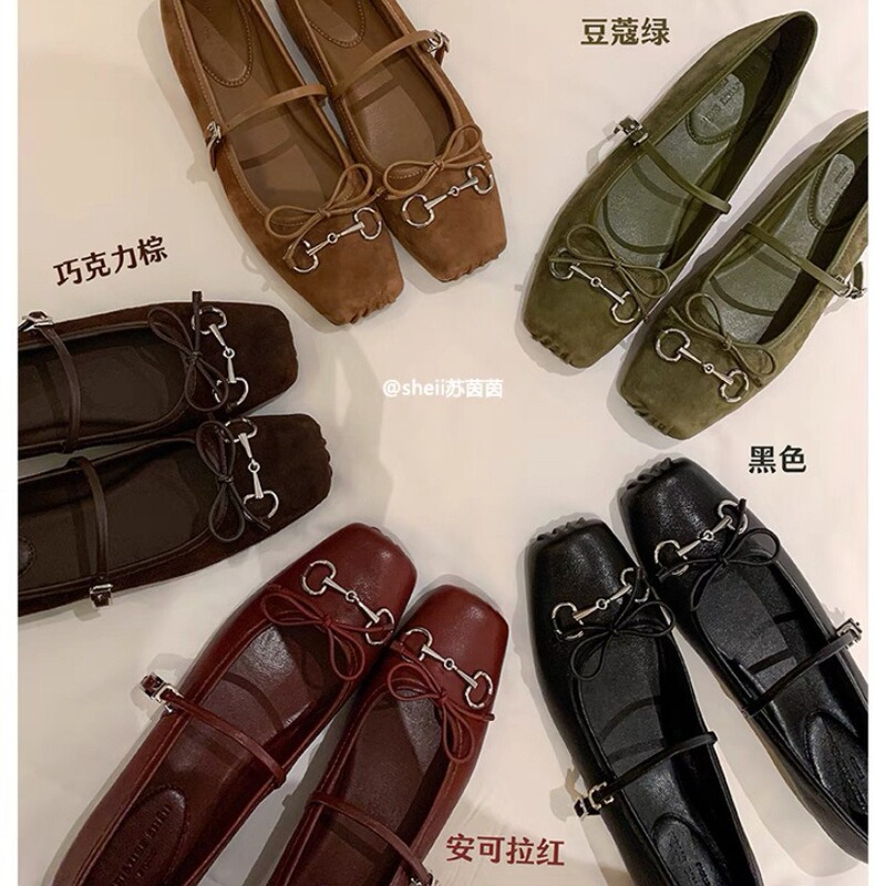 [Sheii Su Yinyin] Horsebit Show ~ Pig Nose Bow Flat Ballet Shoes for Women