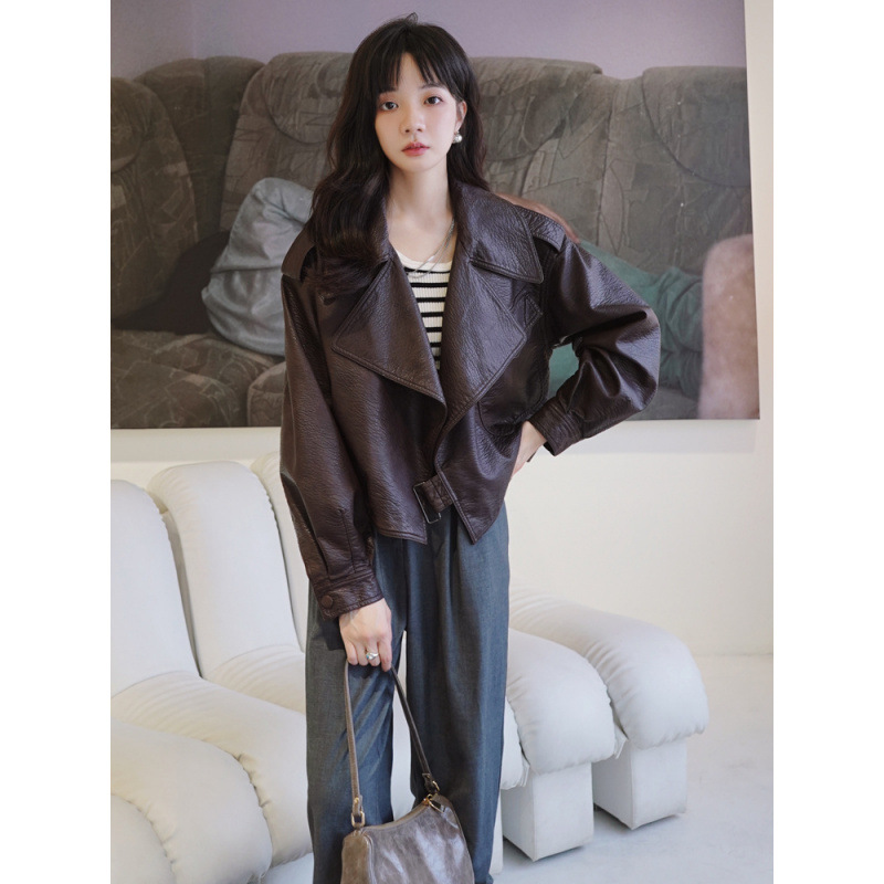 Hong Kong Style Retro Motorcycle Leather Jacket for Women, New Spring Model, Short Pu Leather Jacket for Petite Figures, Casual Short Top