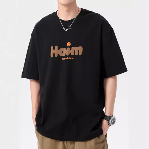 Summer Men's T-Shirt American Streetwear Brand Pure Cotton Letter Neutral Style Printed Loose Short Sleeve Crew Neck Black Half Sleeve