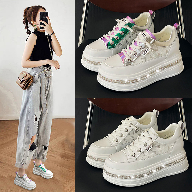 2026 Spring/Summer New Fairy Style Rhinestone Color-Block Thick-Soled Height-Increasing White Sneakers for Women, Suitable for Wearing with Skirts, Mesh Panel Shoes