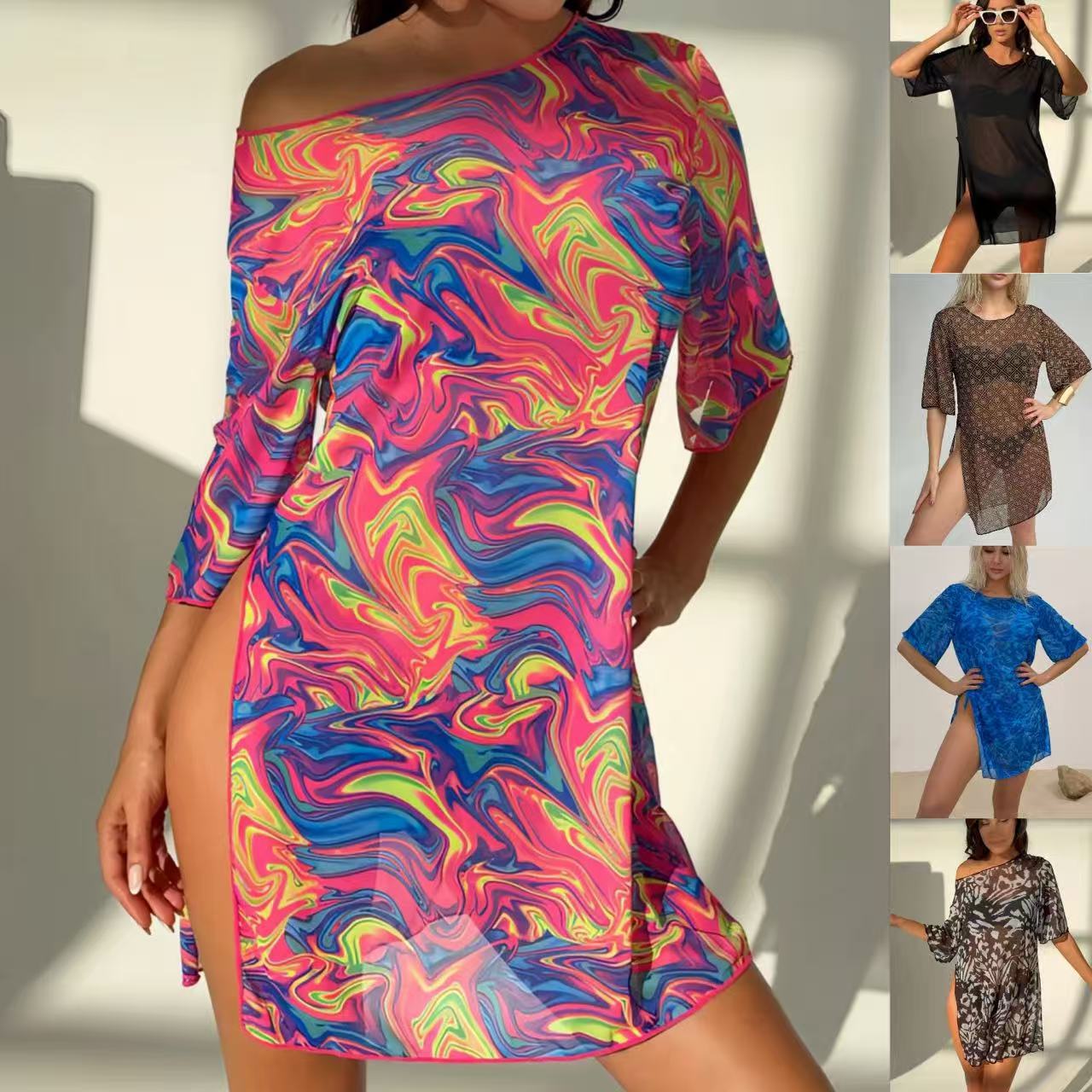 Cross-Border Foreign Trade New Style Three-Quarter Sleeve Swimsuit Cover-Up Dress Women's Swimwear Kупальники